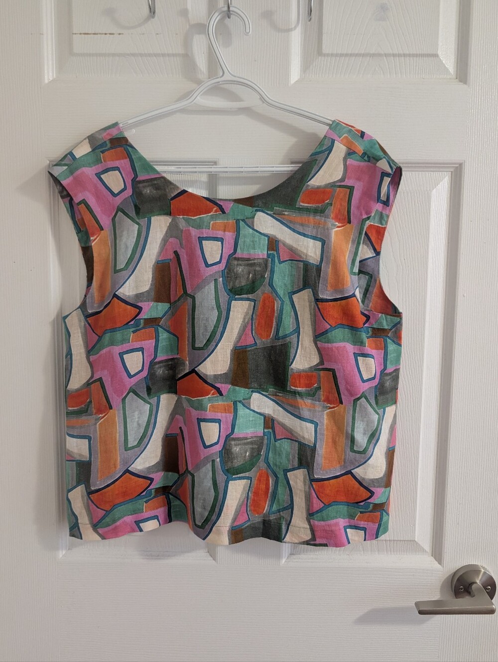 FOIL 100% Linen Abstract Geometric Print Top Quiet Luxury Lagenlook Coastal -10